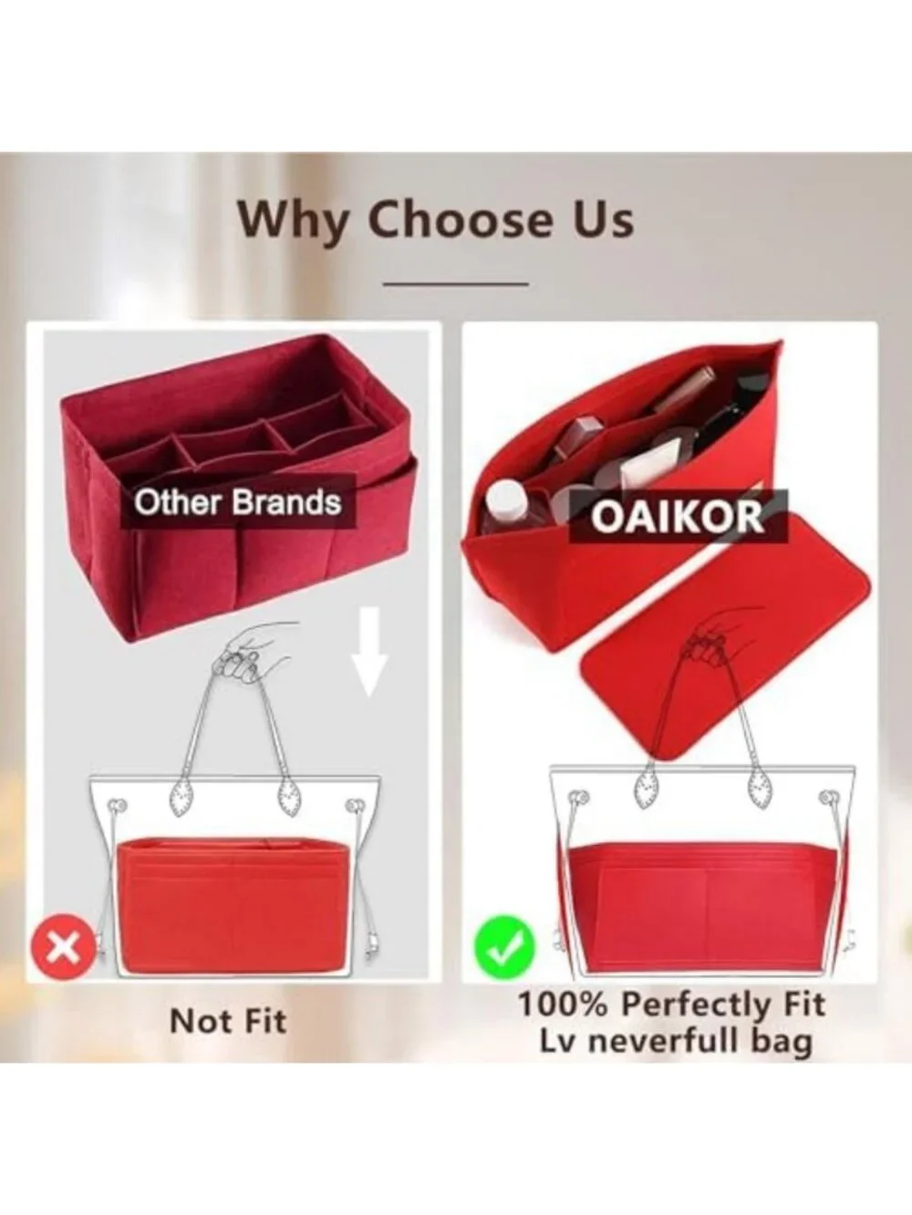 XL Red Felt Purse Organizer Insert for Tote Handbags, Base Shaper & Liner